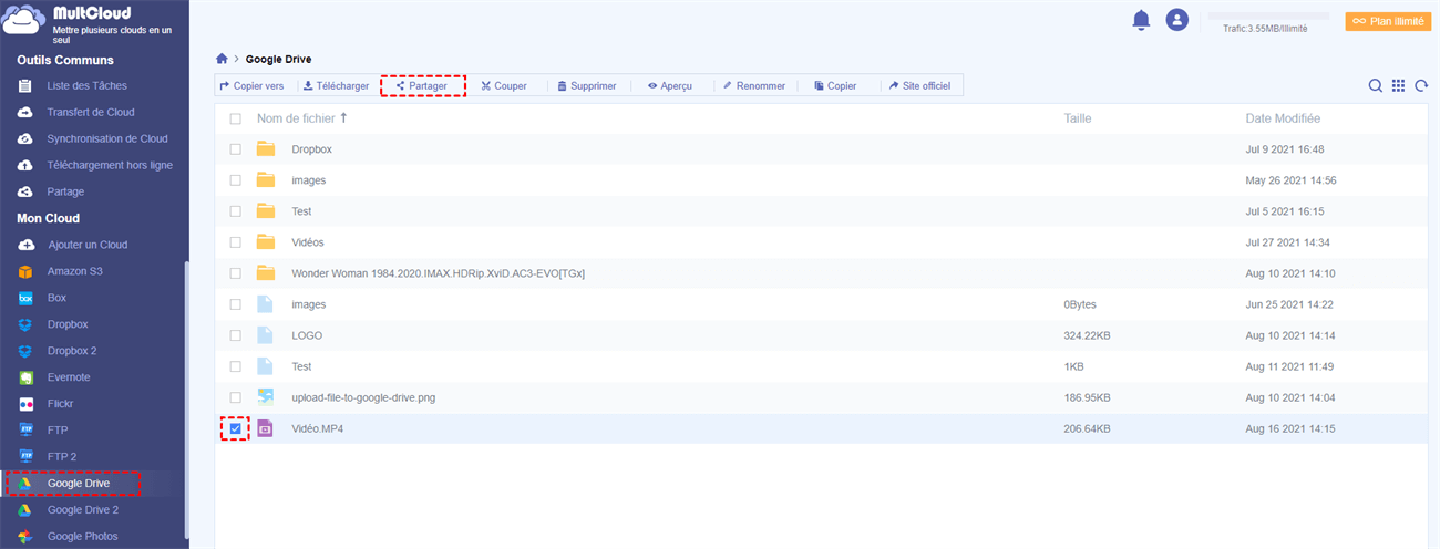 Partager vidéos Google Drive via MultCloud