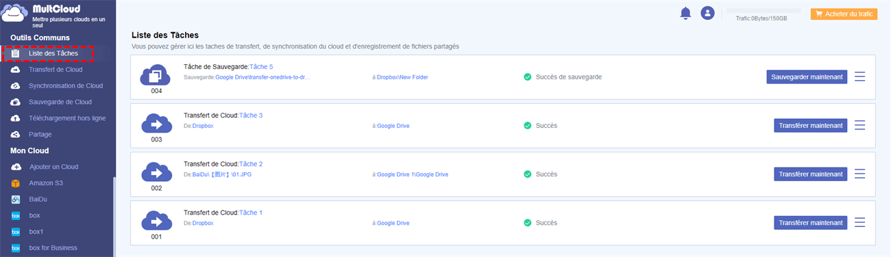 Liste des Tâches dans MultCloud