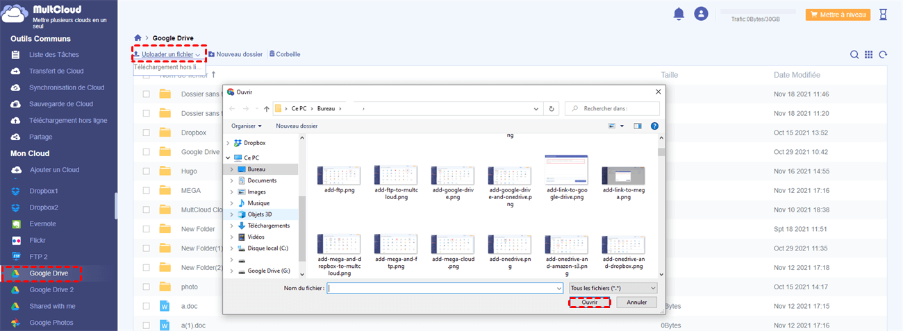 Uploader un fichier sur Google Drive sans connexion par MultCloud