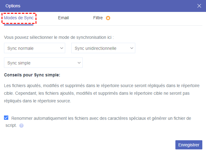 Options de modes de synchronisation