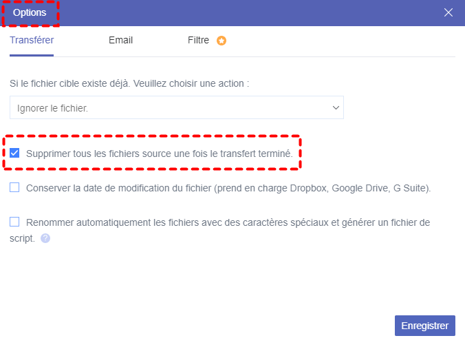 Fenêtre d'options