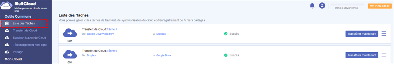 Liste des tâches dans MultCloud