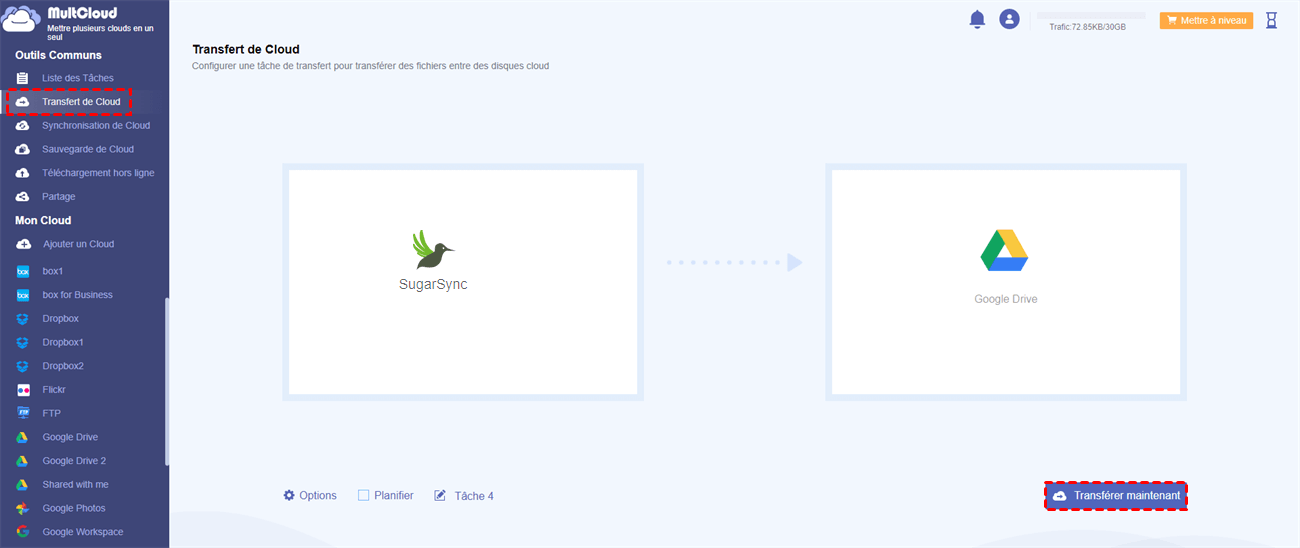 Déplacer des fichiers de SugarSync vers Google Drive dans MultCloud