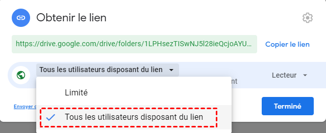 Obtenez un lien de partage sur le site Web de Google Drive