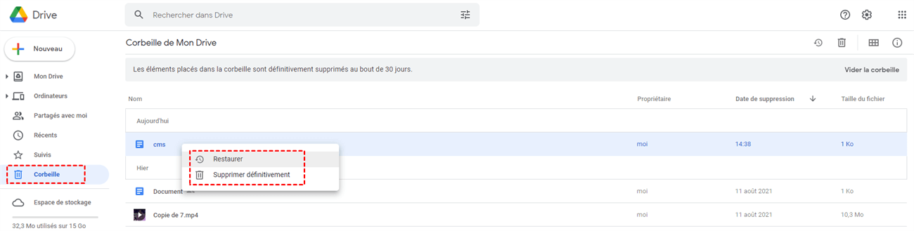 Restaurer ou supprimer définitivement des photos dans Google Drive