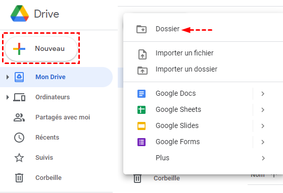 Créer un nouveau dossier dans Google Drive