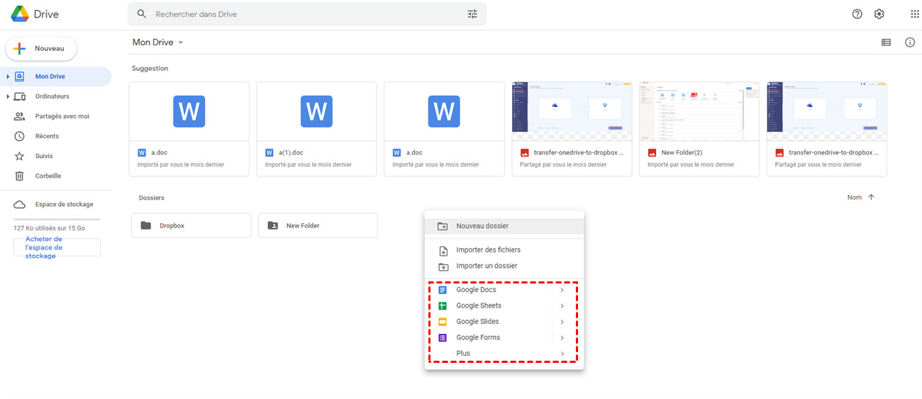 Créer un fichier sur le site Web de Google Drive