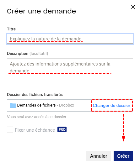 Demandes des fichiers du site Web Dropbox