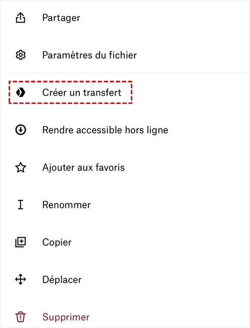 Créer un transfert depuis l'application Dropbox