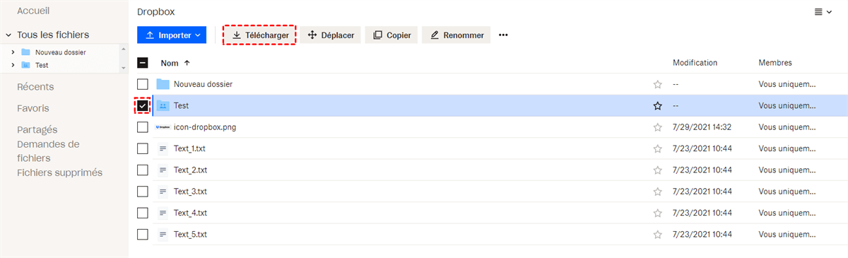 Télécharger des fichiers et des dossiers depuis Dropbox
