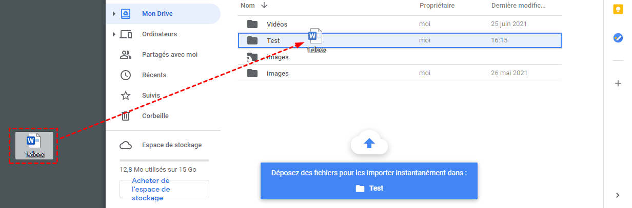 Faire glisser le fichier vers Google Drive