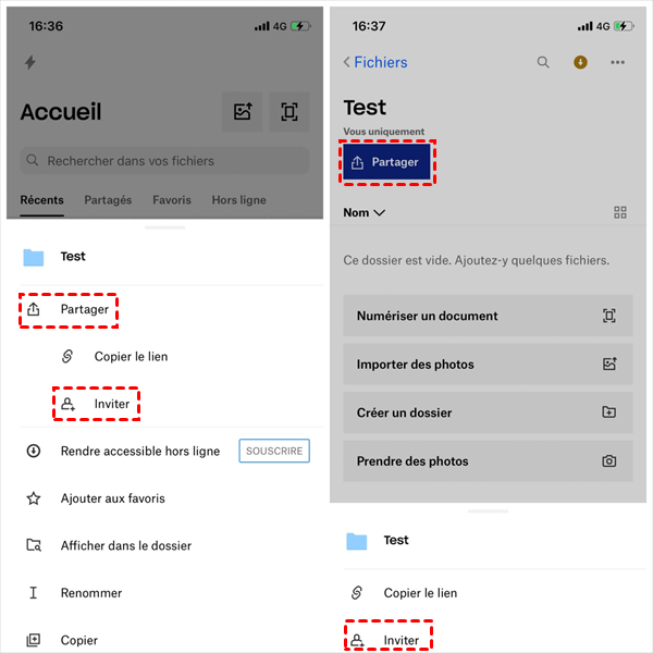 Envoyer des fichiers dans Dropbox par « Inviter »