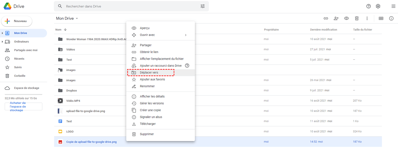 Déplacer le fichier copié dans Google Drive Web