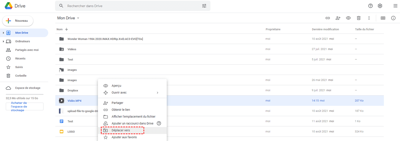 Déplacer la vidéo dans le dossier partagé de Google Drive