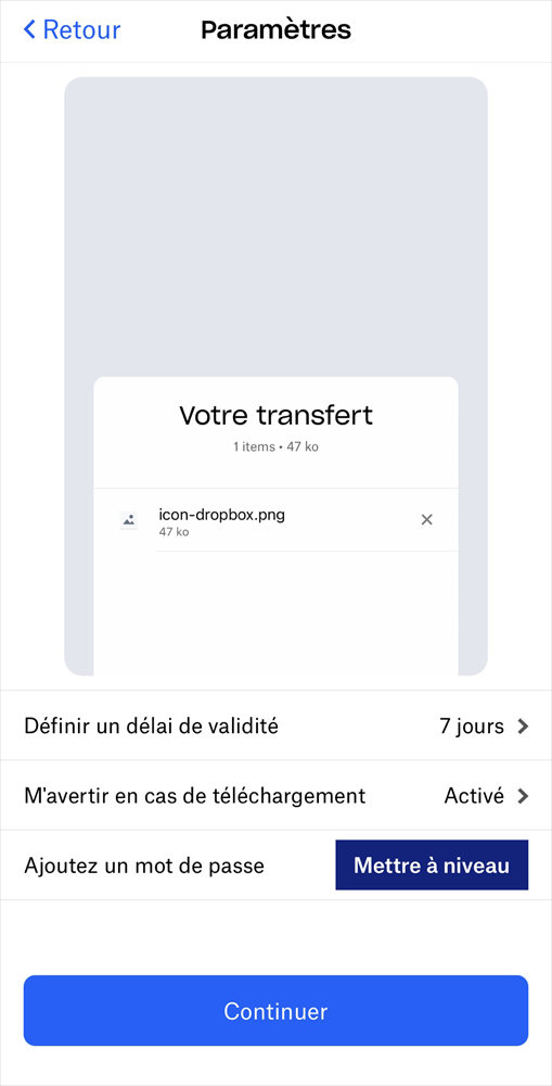 Paramètres du transfert de photos sur l'application Dropbox