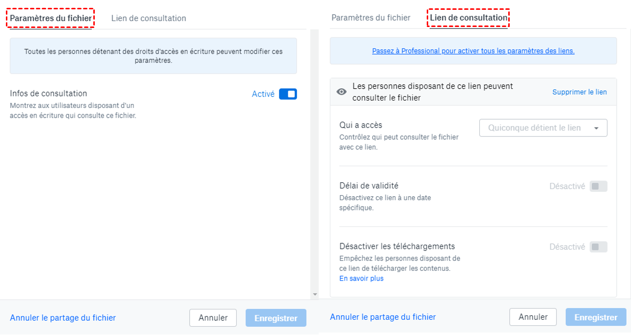 Paramètres du partage des photos à partir de Dropbox