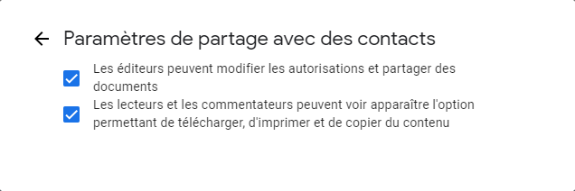 Paramètres avant le partage depuis le site Web de Google Drive