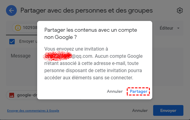 Partager sur un compte autre que Google à partir du site Web de Google Drive