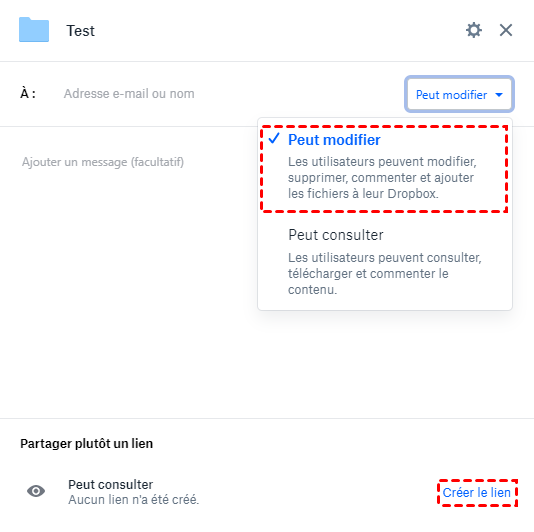 Options de partage du dossier Dropbox