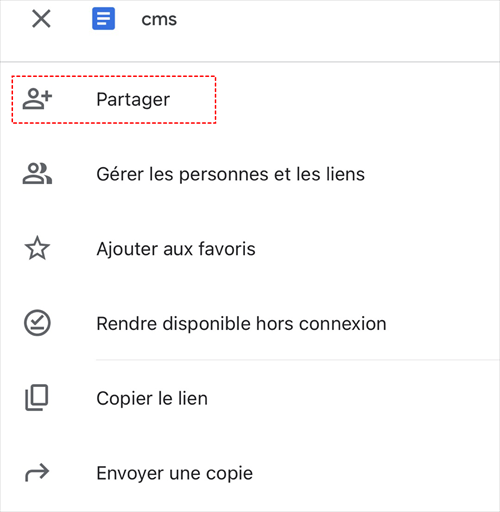 Fonction de partage dans l'application Google Drive