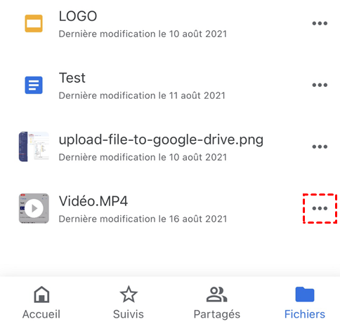 Partager vidéo Google Drive sur l'application