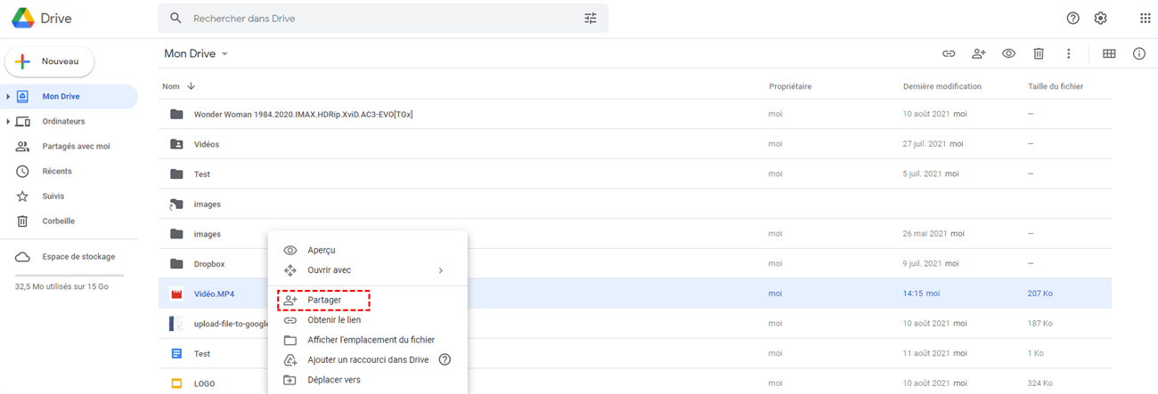 Partager une vidéo sur le site de Google Drive