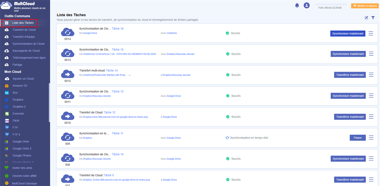 Liste des tâches de MultCloud