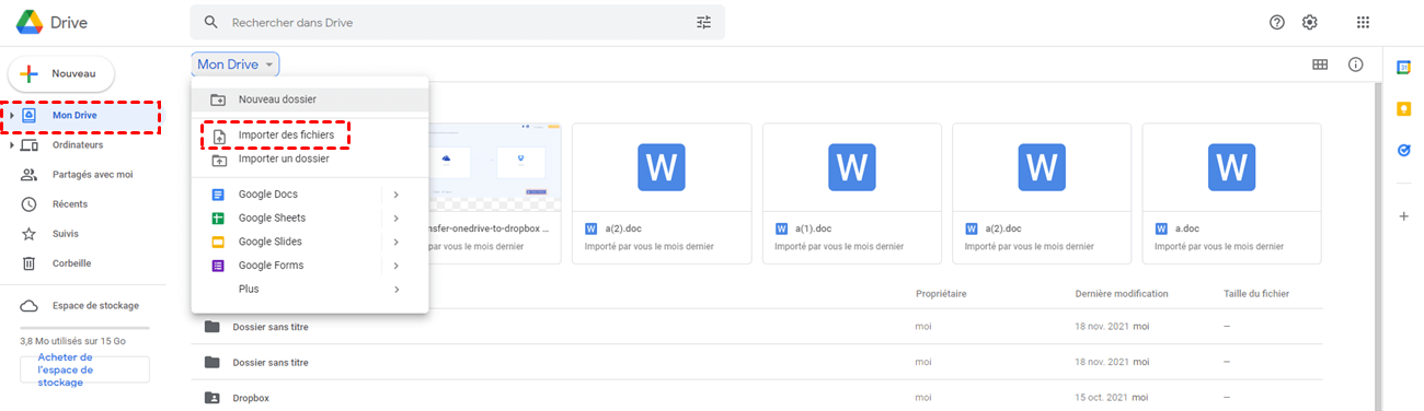 Importer des fichiers sur Google Drive