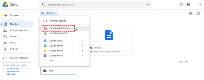 Importer des fichiers dans Google Drive