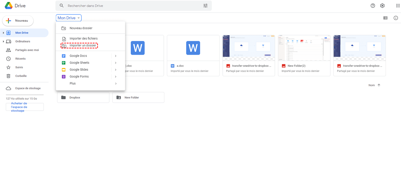 Importer le dossier sur le site Web de Google Drive