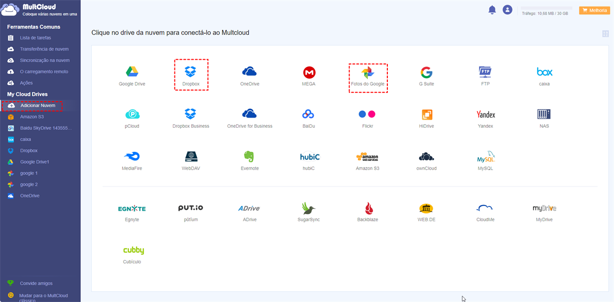 Adicionar Dropbox e Google Fotos a Multcloud