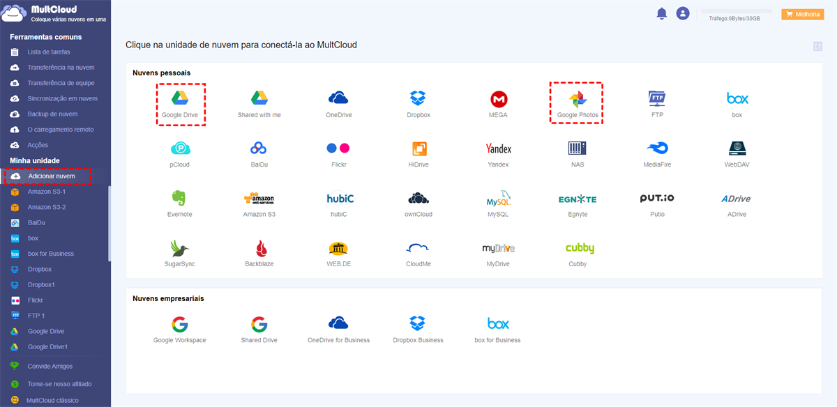 Adicionar Google Fotos e Google Drive