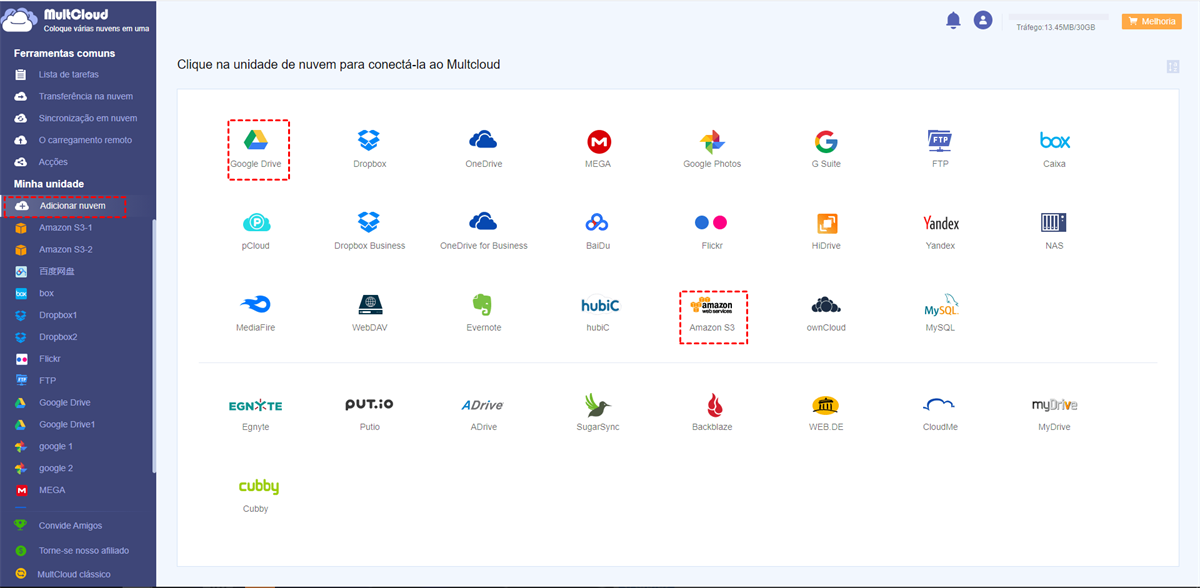 Adicionar o Google Drive e o MEGA