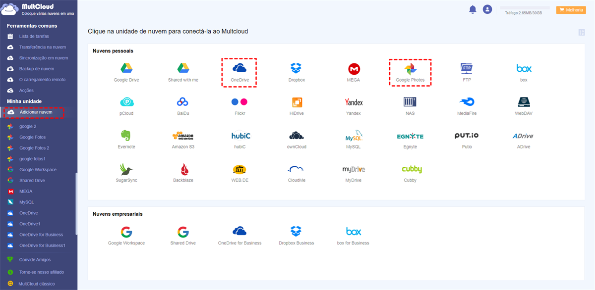 Adicionar OneDrive e Google Fotos