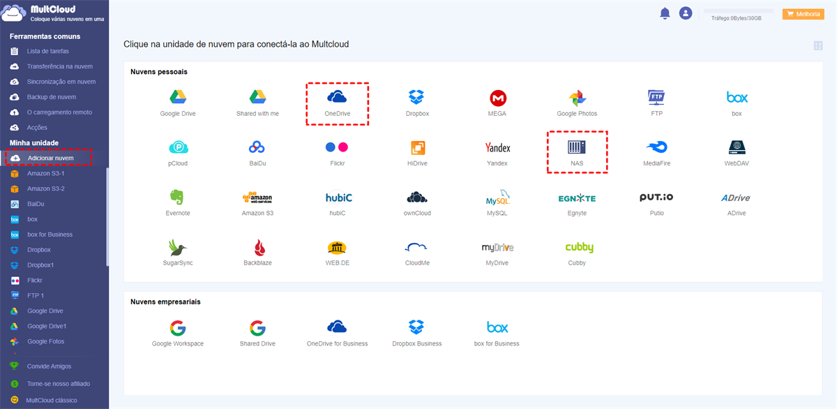 Adicionar NAS e OneDrive