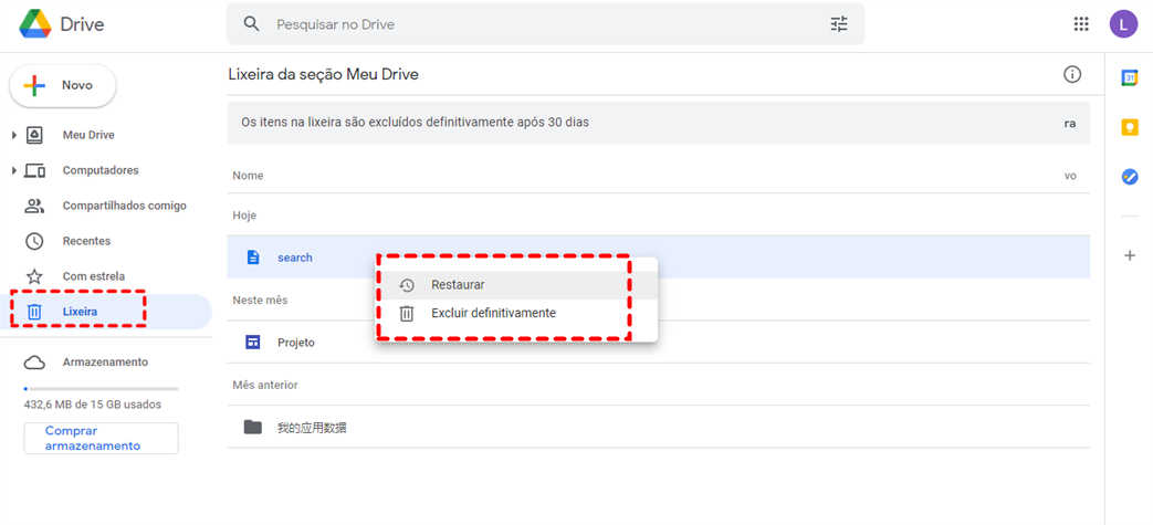 Lixeira no Site do Google Drive