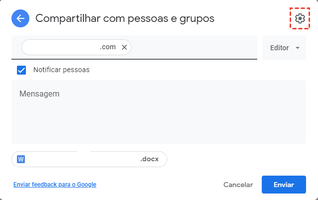 Configurações antes de Compartilhar