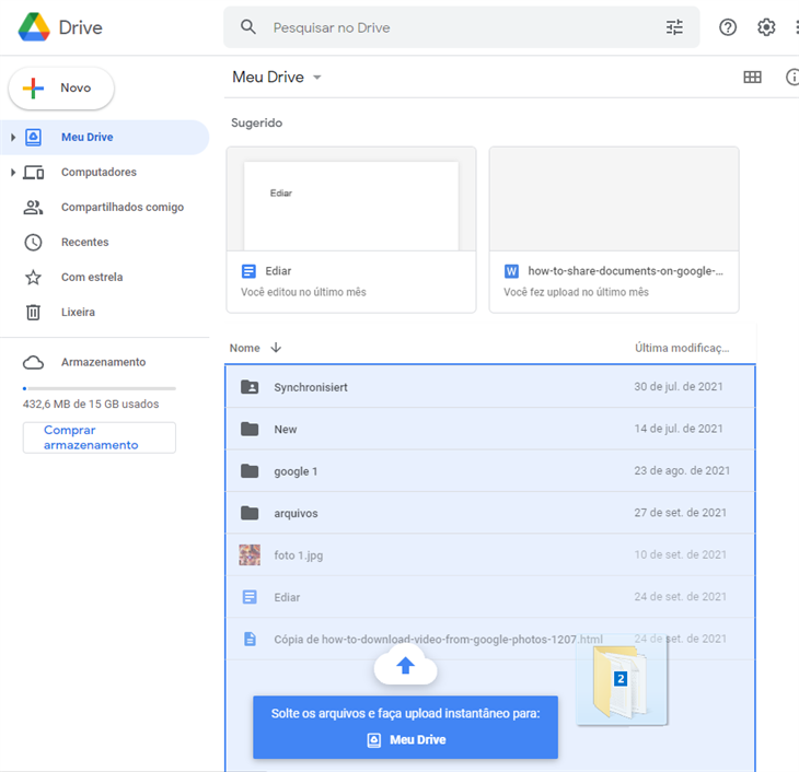 Arrastar e Soltar Pasta para Google Drive 