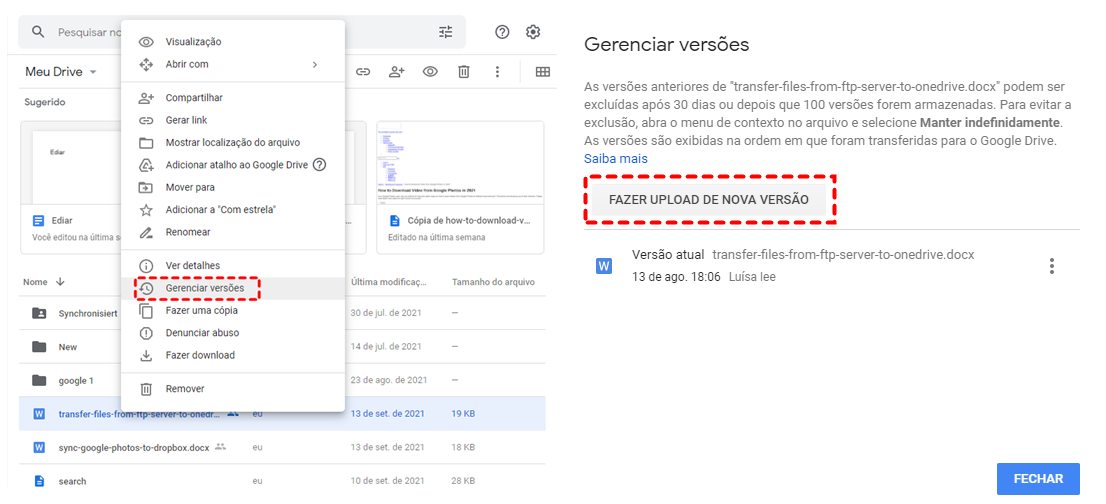 Gerenciar Versões de Arquivos no Site do Google Drive