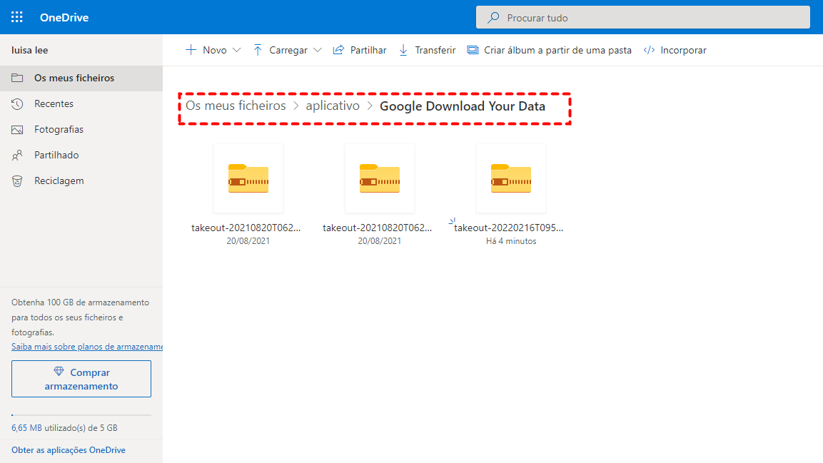 Arquivos do Google Takeout no OneDrive