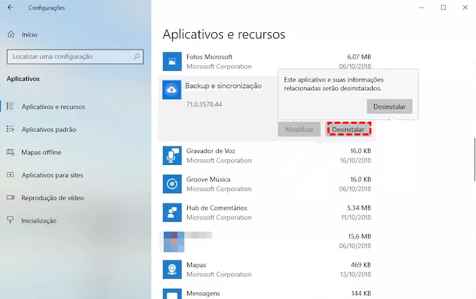 Desinstalar Backup e Sincronização em Configurações